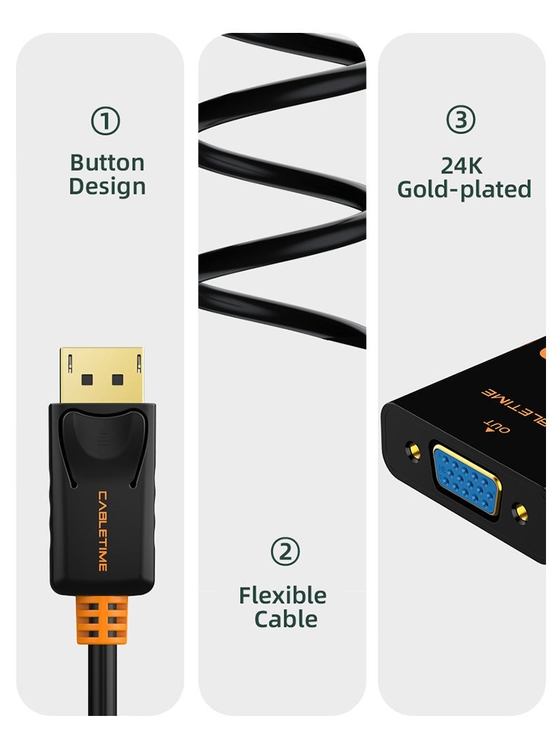 CABLETIME Displayport to VGA  Adapter Cable,   Video SUPPORT 1080p/60HZ  Black PVC Jacket - Image 2